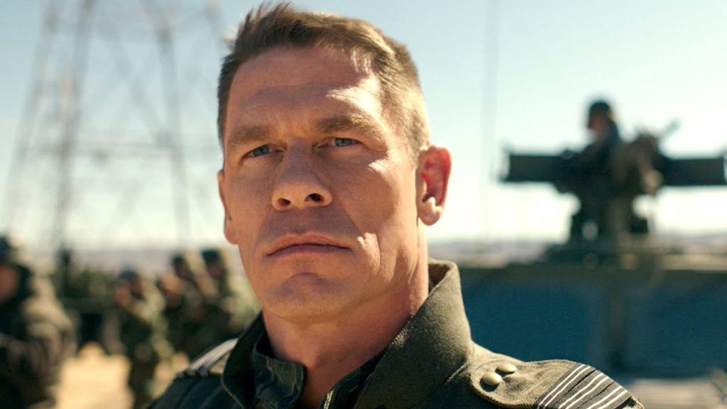 John Cena with the military behind him in Bumblebee