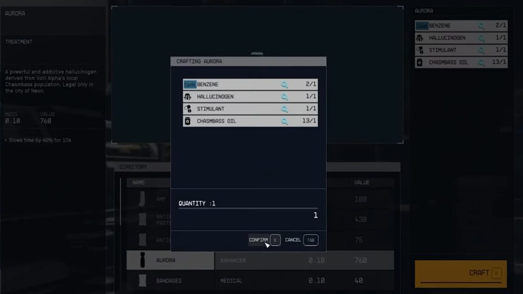 Crafting Aurora in Starfield.