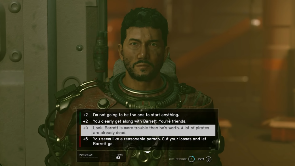 The player speaking to an NPC and trying to persuade them.