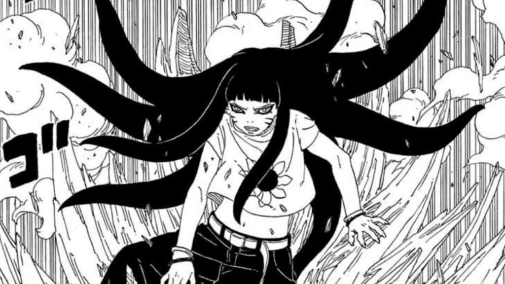 Himawari Uzumaki from the manga Boruto: Two Blue Vortex, awakening her Tailed Beast form with Kurama's chakra.