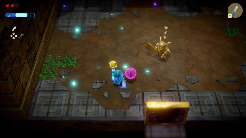 The Legend of Zelda: Echoes of Wisdom screenshot showing Zelda in Swordfighter form and a Darknut summon hitting a purple orb