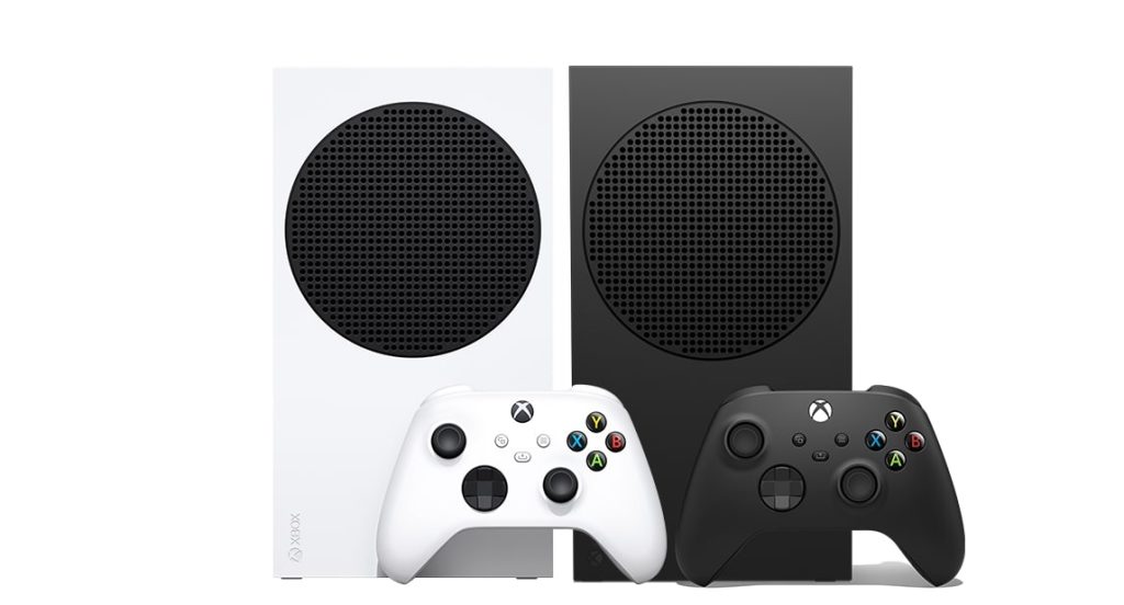 Xbox consoles and controllers can be seen in a white background.