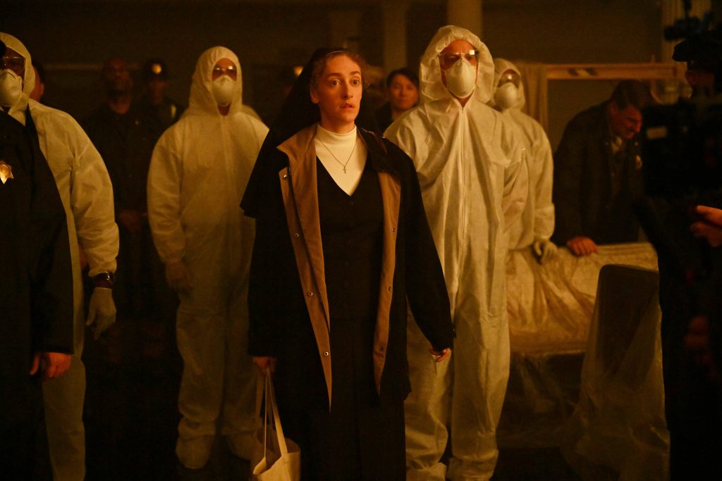 FX's Grotesquerie -- Pictured: (center) Micaela Diamond as Sister Megan.