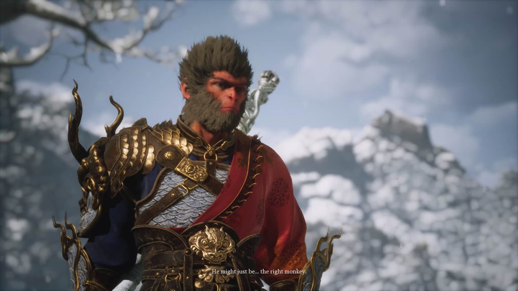 A close-up of the protagonist, The Destined One, against the backdrop of a beautiful snowy mountain in Black Myth: Wukong.