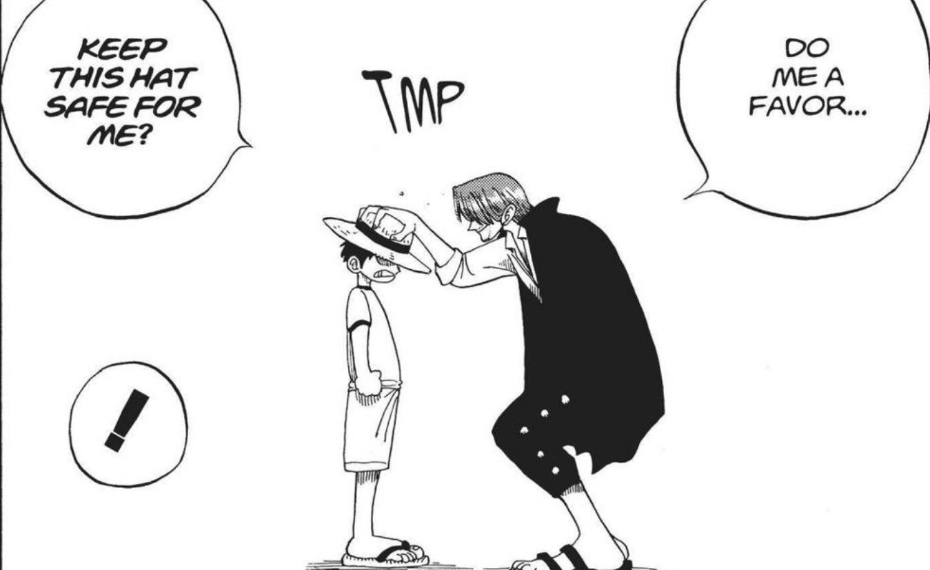 Shanks has his hand on Luffy's head as he clenches his fist in Eiichiro Oda's One Piece