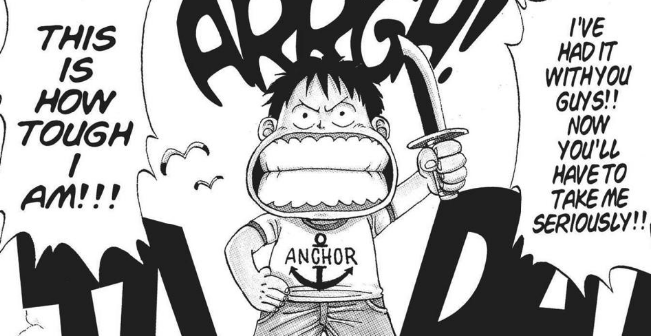 Luffy muda memegang pisau besar di tangannya di manga One Piece karya Eiichiro Oda