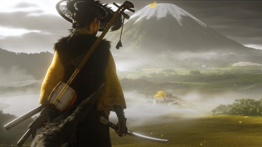 Ghost of Yōtei protagonist with a sword with mountain in the background. 