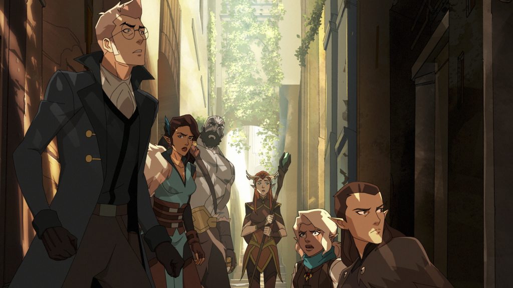 Percy, Vex, Grog, Keyleth, Pike dan Vax bersembunyi di lorong selama misi di The Legend of Vox Machina. 