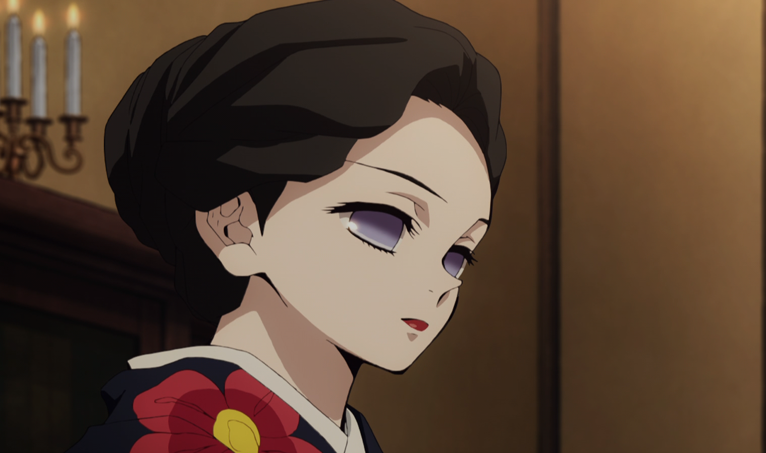 The picture shows Lady Tamayo from Demon Slayer with blank expressions