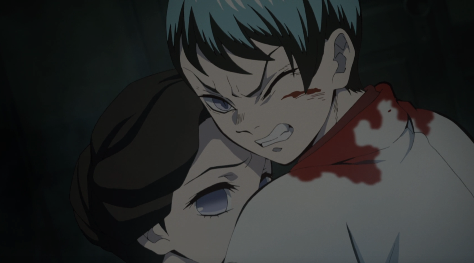 Yushiro has blood on his shoulders and he's shielding Tamayo in Demon Slayer anime