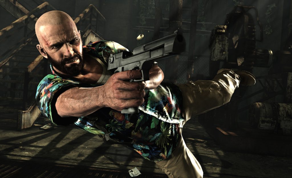 A still from Max Payne 3, featuring Max doing his signature bullet-time dive.