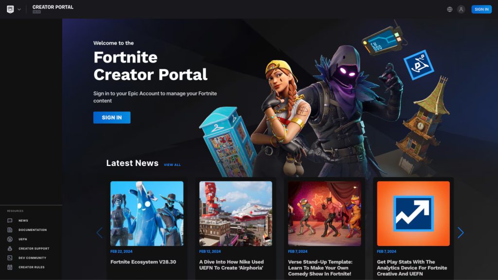 The image shows the main page of the Fortnite's Creative Portal 