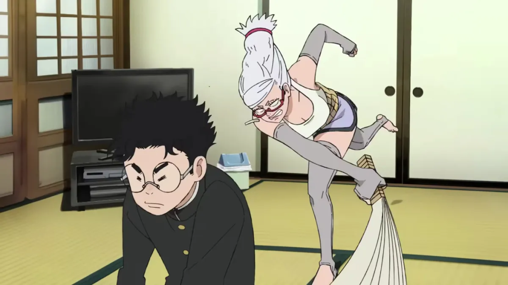 Dandadan Granny Smacking Takakura With Paper Fan