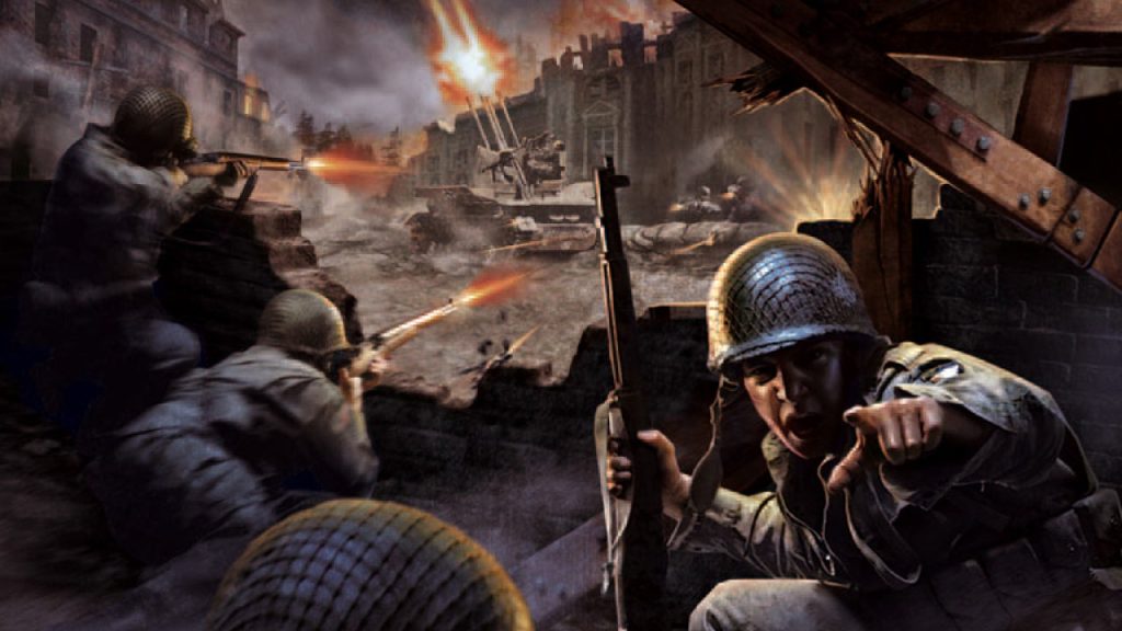 Promotional art for the first Call of Duty game, released in 2003 by Infinity Ward.