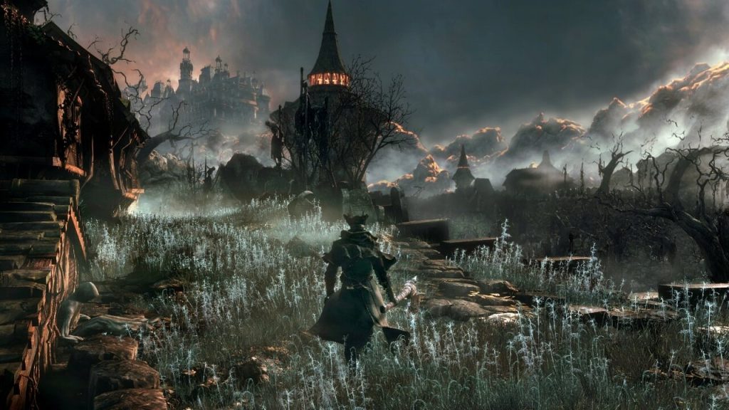 Tangkapan layar dari Bloodborne karya Hidetaka Miyazaki, menampilkan suasana permainan yang gelap dan gotik.