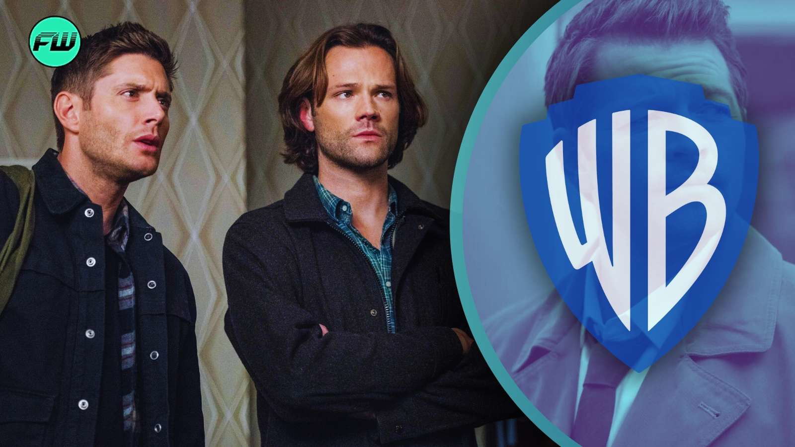 Jared Padalecki and Jensen Ackles as the Winchester Brothers in Supernatural and the Warner Bros. Logo