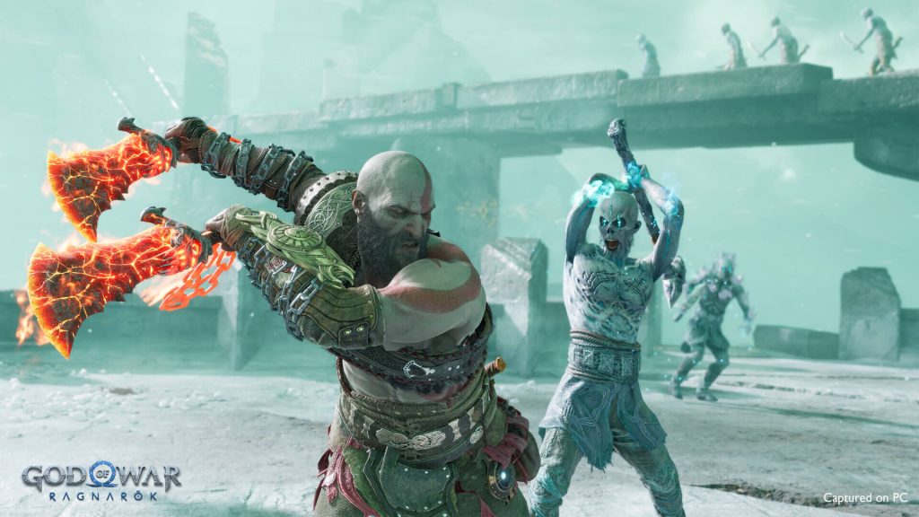 The image shows kratos fighting in God of War Ragnarok 