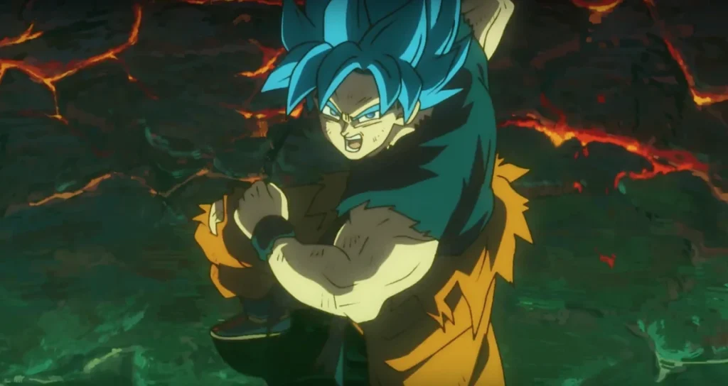 Goku using his Super Saiyan Blue form against Broly