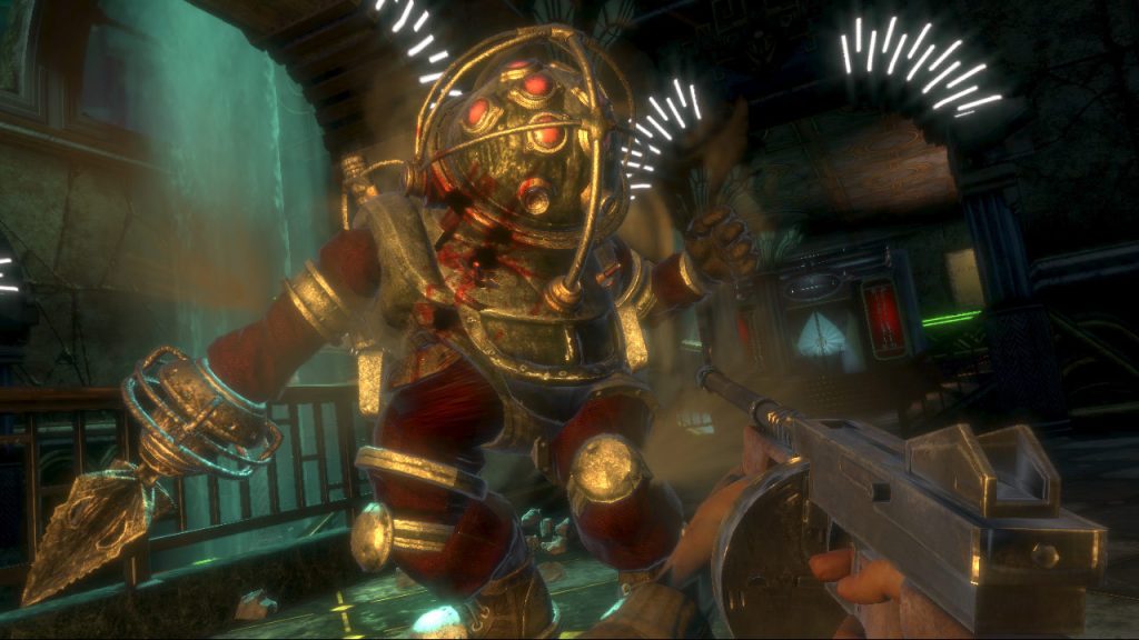 The big daddy has come to destroy you in BioShock.