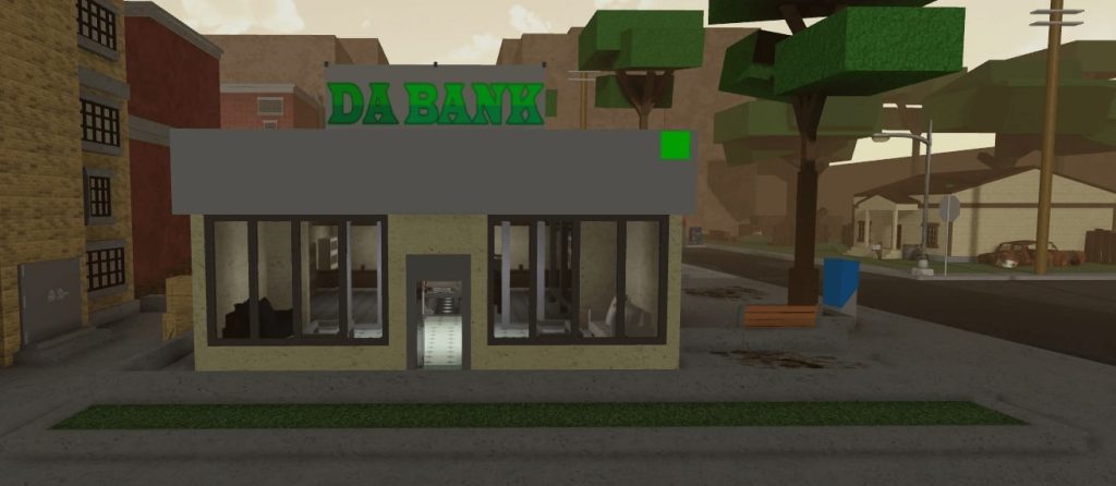 A bank is in sight in Roblox's Da Hood.