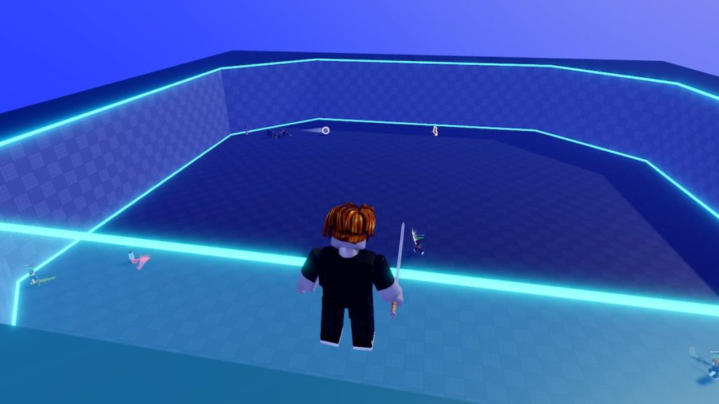 A user is seen standing near what appears to be a pool with neon lighting on the edges.