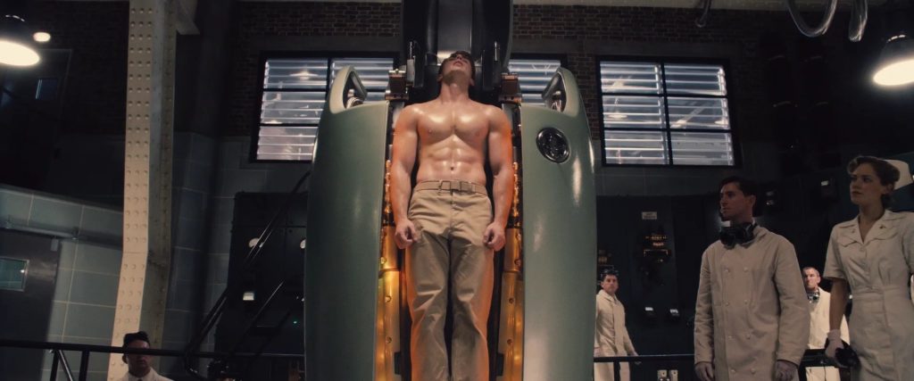 Still from Captain America: The First Avenger showcasing the transformation of Steve Rogers. 