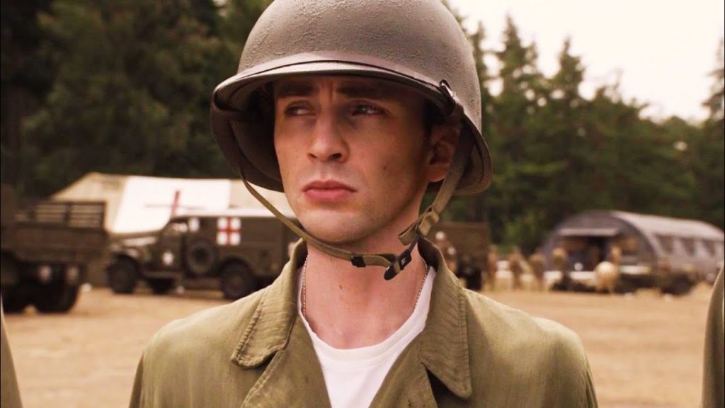 Chris Evans as a scrawny Steve Rogers in Captain America: The First Avenger. 