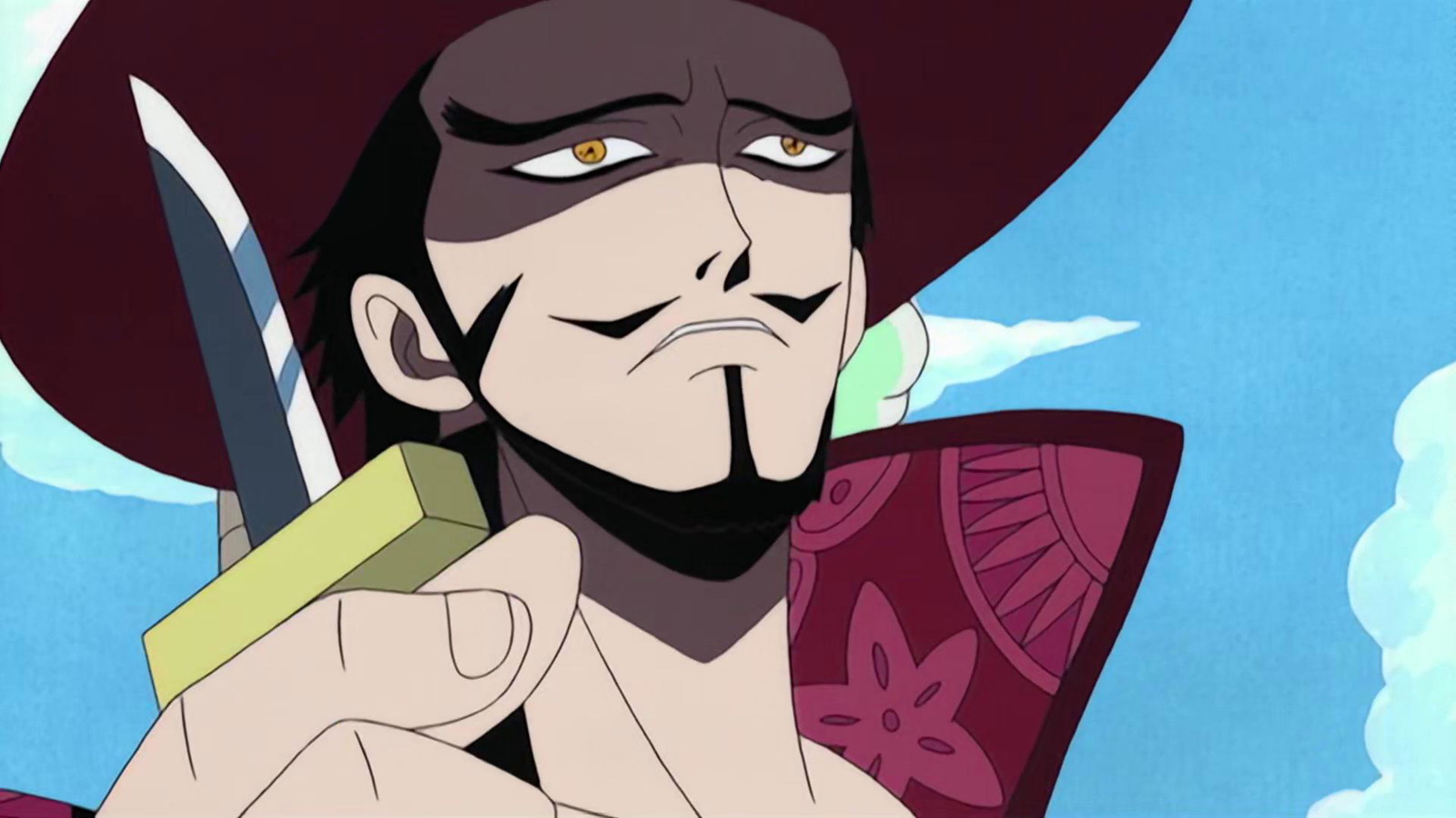 Mihawk can be seen holding a small knife in the picture in One Piece anime