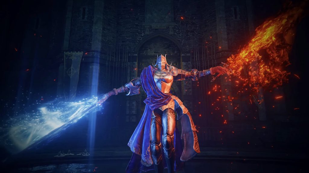 In-game screenshot of Rellana, Twin Moon Knight, a challenging boss enemy in Elden Ring: Shadow of the Erdtree.