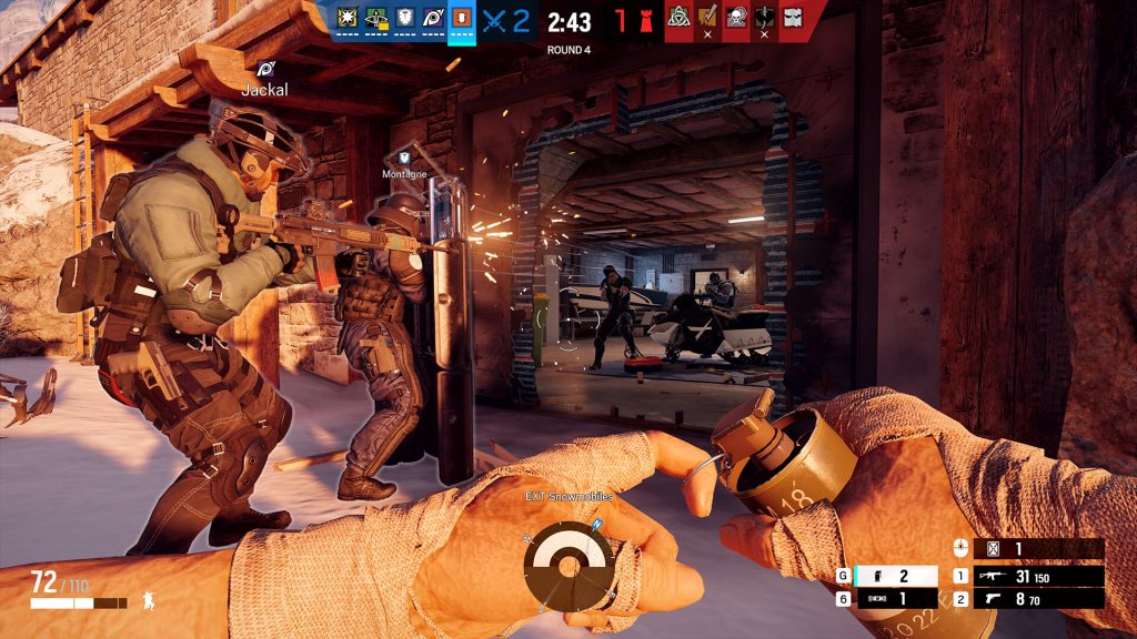 The image shows a players ready to throw a smoke grenade in Rainbow Six Siege 