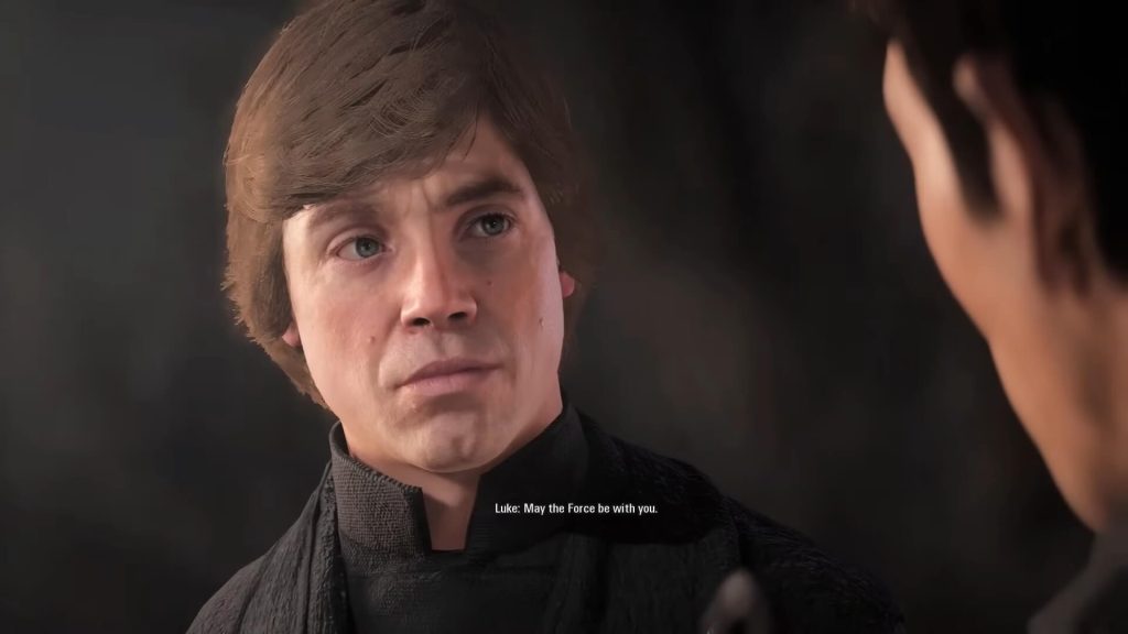 An snapshot of Luke Skywalker speaking with Del Meeko during a Star Wars: Battlefront 2 cutscene. 