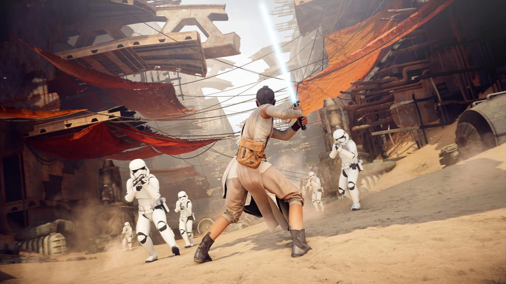 The image shows a player ready to fight stormtroopers in Star Wars Battlefront 2