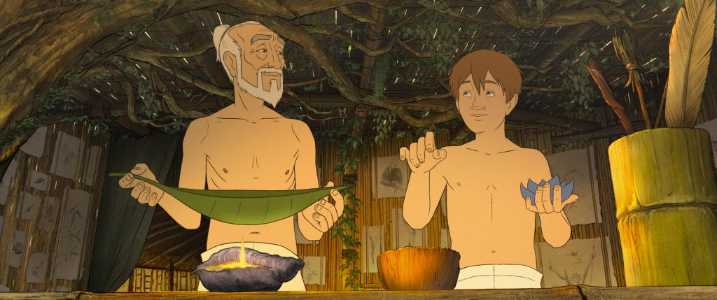 Michael and Kensuke prepare a meal together in Kensuke's Kingdom. 