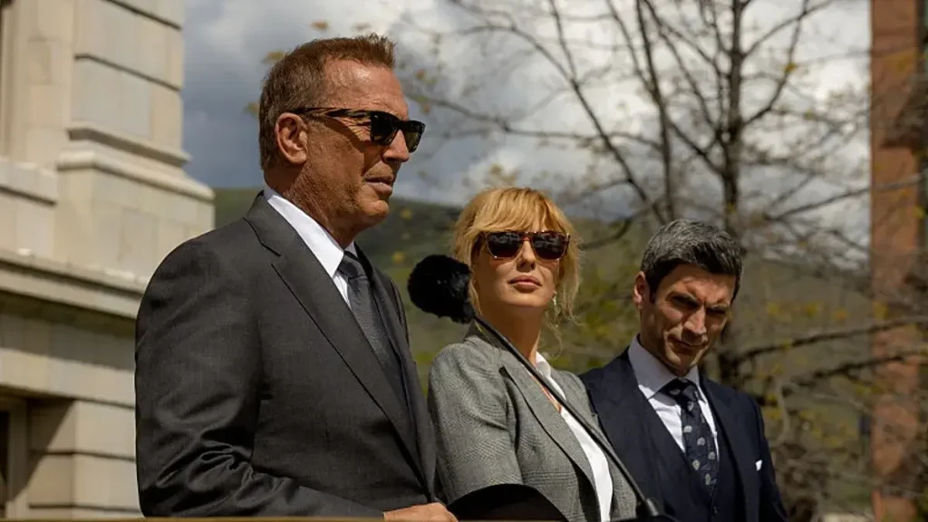 Kevin Costner, Kelly Reilly, and Wes Bentley in a still from the series. | Credits: Yellowstone/Paramount Network.