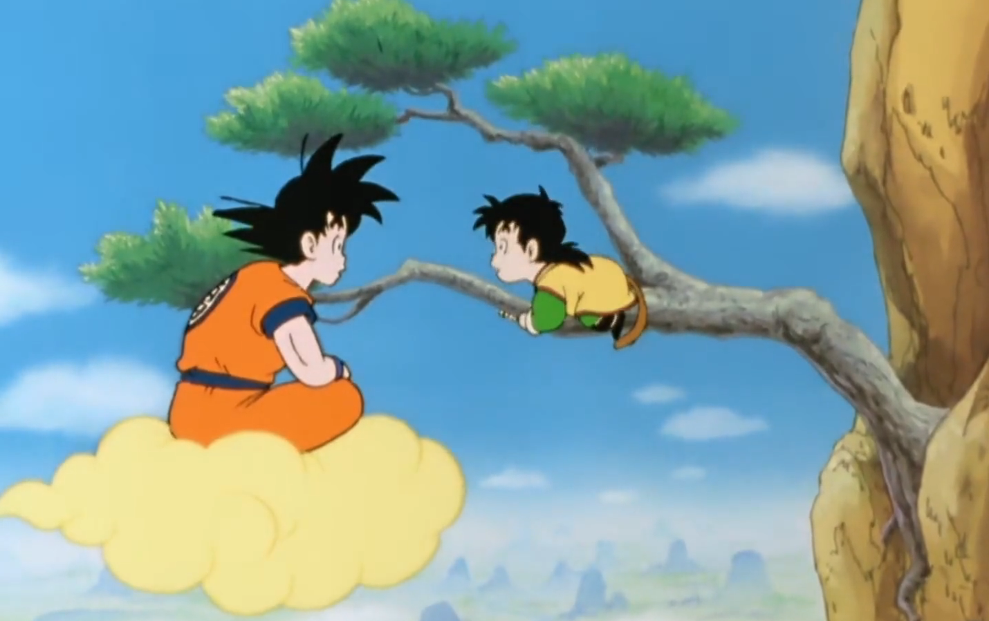 Gohan is sitting on a tree with Goku in front of him in Dragon Ball z kai