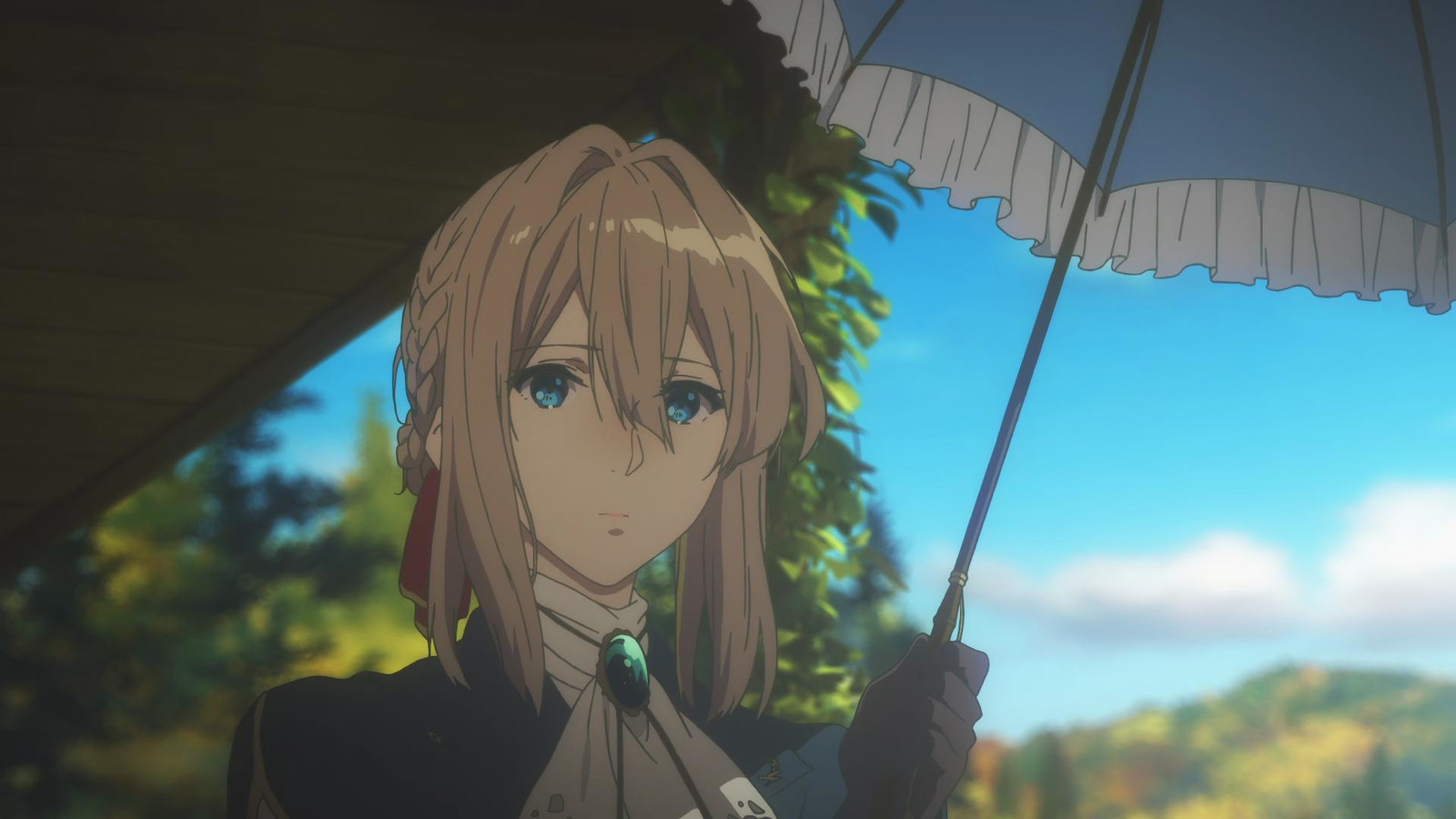 Violet Evergarden can be seen holding an umbrella in Violet Evergarden anime