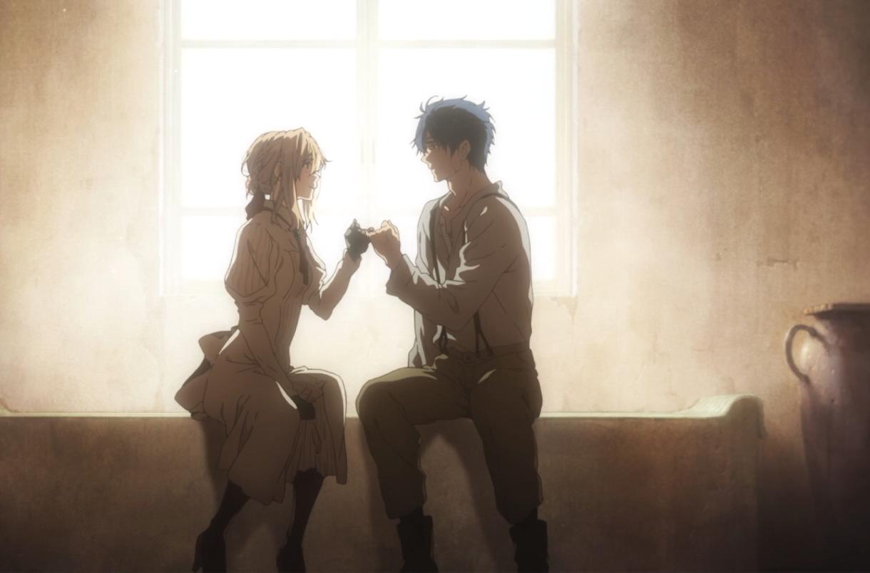 Violent and Gilbert are sitting on a bed looking at each other in Violet Evergarden movie