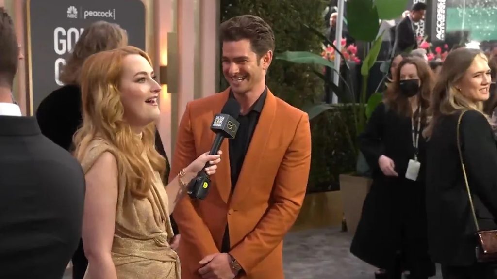 Andrew Garfield and Amelia Dimoldenberg at the 2023 Golden Globes.