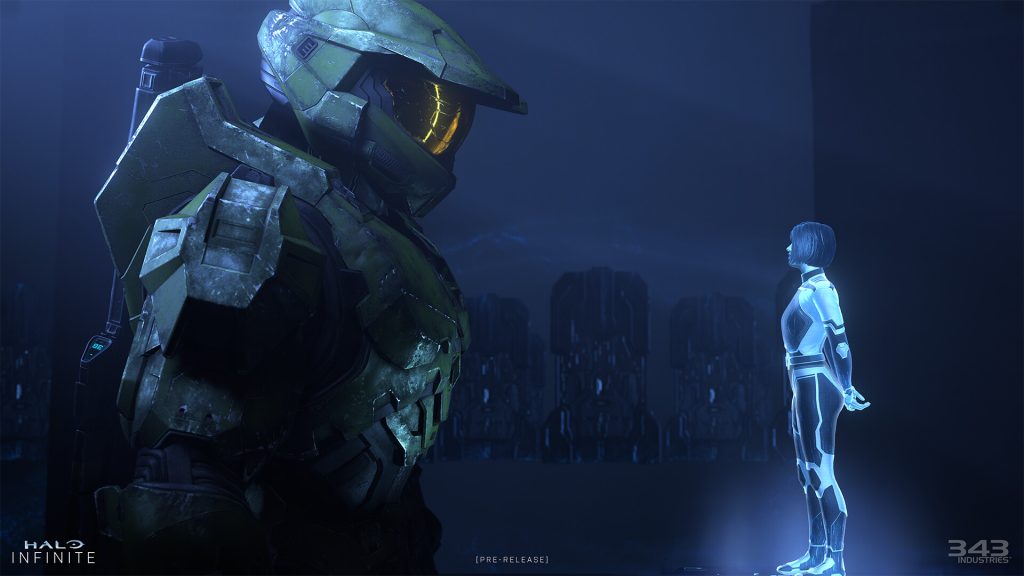 A still from Halo Infinite on Xbox, featuring Master Chief and the Weapon.