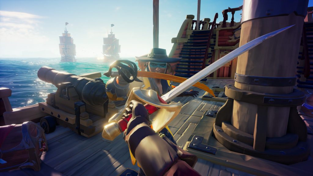 A still from Sea of Thieves by Rare on Xbox, featuring a sword fight.