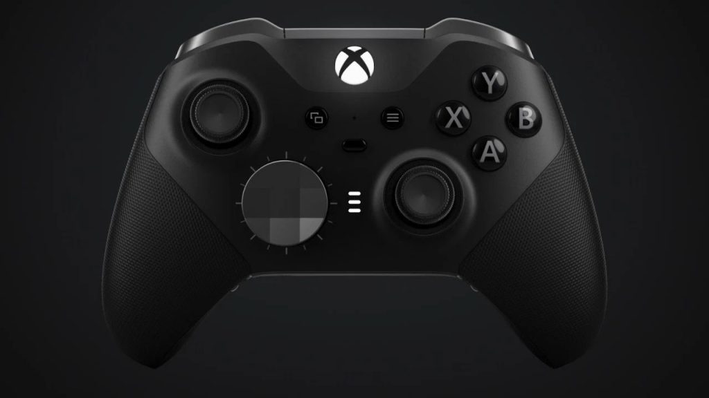 A close-up of the black variant of an Xbox controller.