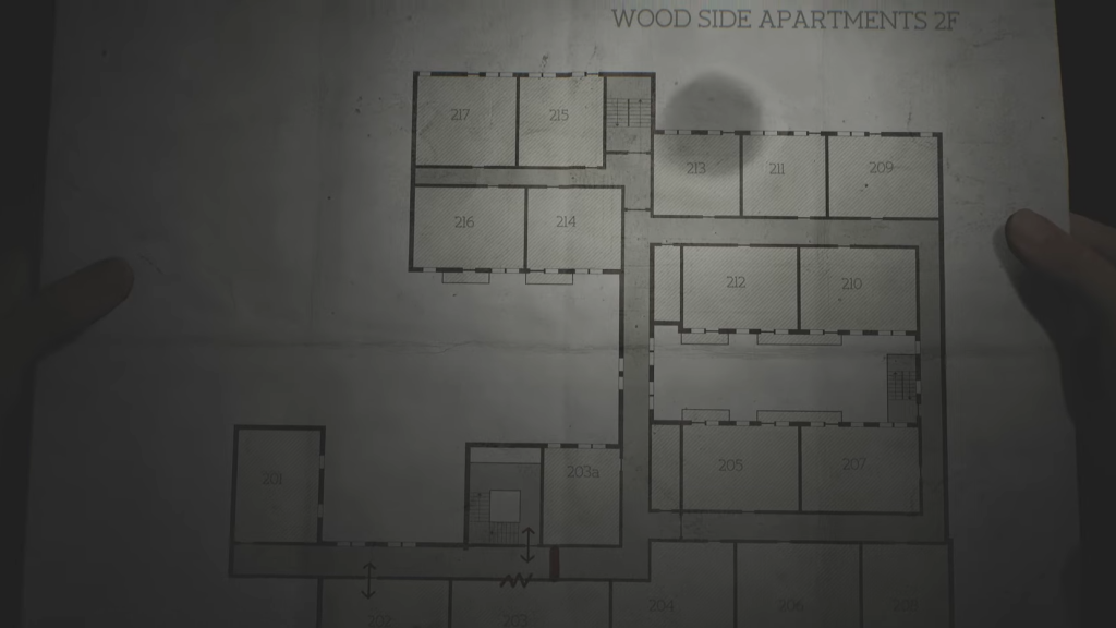 A guide showing the location for the Silent Hill 2 Handgun.