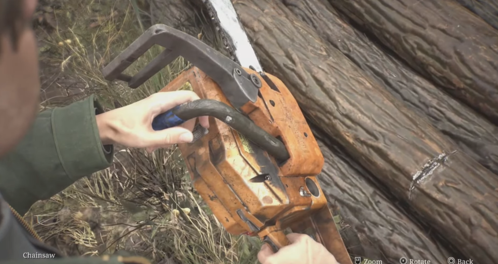 The chainsaw is on a log at the start of New Game Plus.