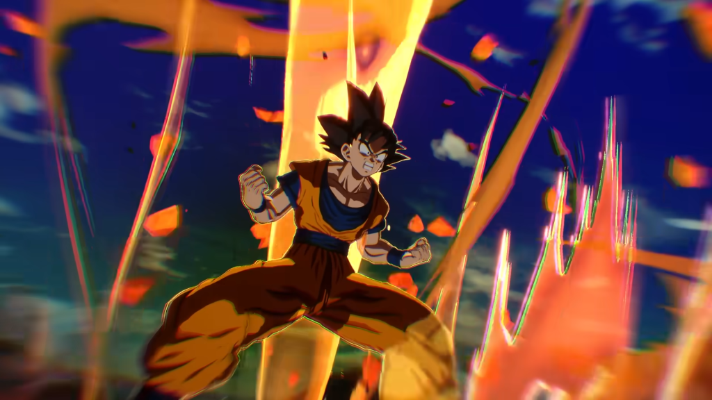 Goku transforming into a Super Saiyan in Sparking Zero.