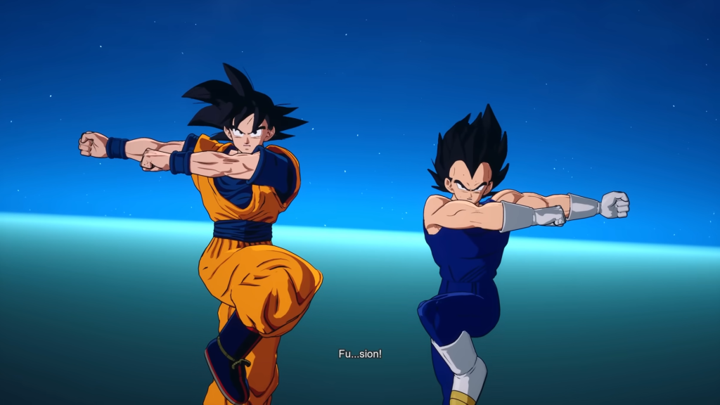 Goku and Vegeta performing the fusion dance.