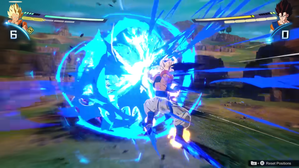 Gogeta deflecting a beam from Vegito. 