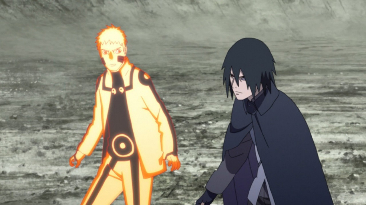 Naruto is looking at Sasuke in a still from Boruto anime