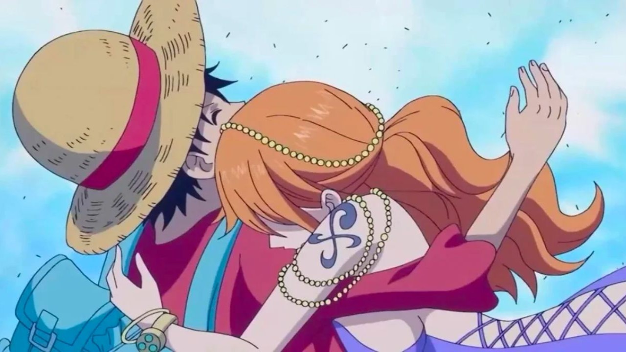 Nami hugs Luffy after they reunite on Zou in One Piece. 