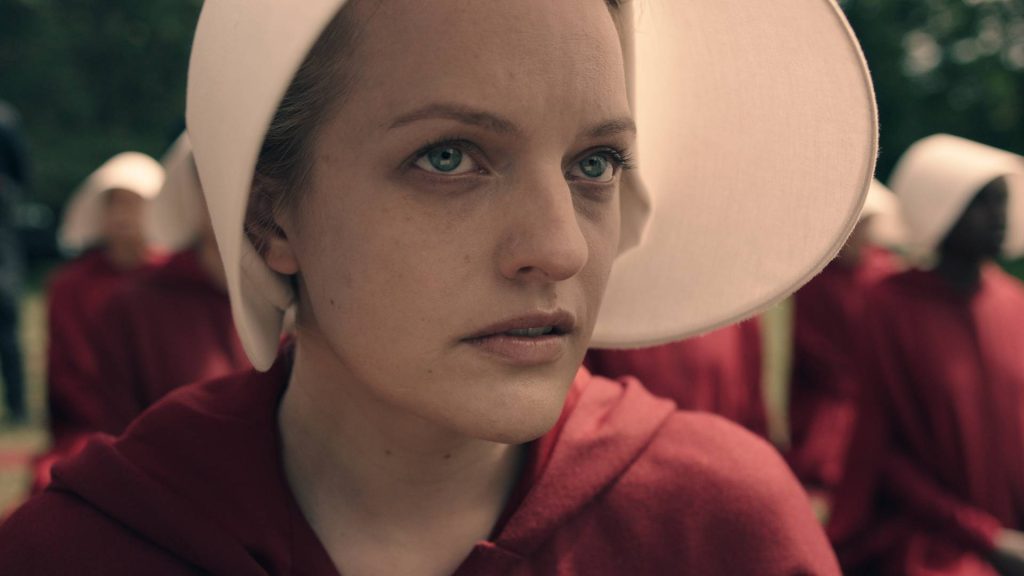 Elisabeth Moss in her red costume as a Handmaid
