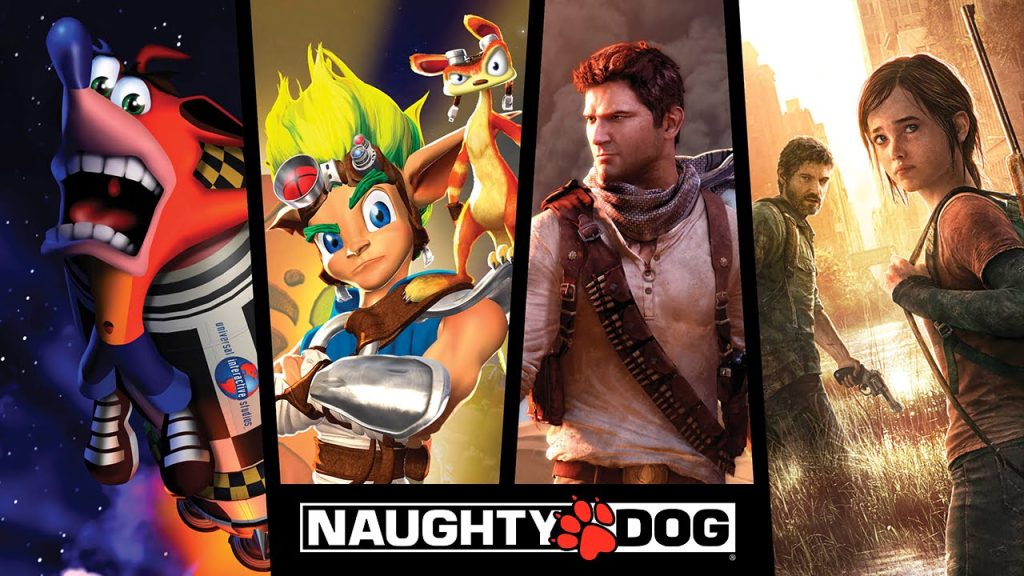 Promotional banner of game development company Naughty Dog, featuring some of their popular franchises.